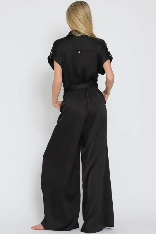 Alicia Short Sleeve Waist Tie Wide Leg Satin Jumpsuit Black