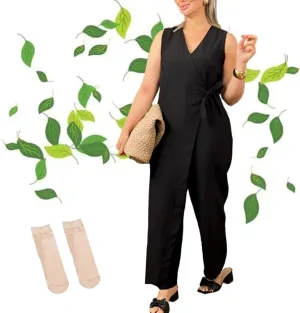 Alltoright Women's Casual V-neck Cross Strap Jumpsuit, Summer Sleeveless High Waist Wide Leg Jumpsuits Casua