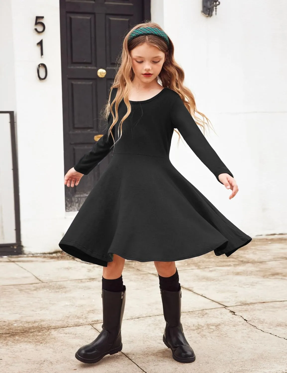 Arshiner Girls Long Sleeve Stretchy Dress A line Twirly Skater School Party Dress