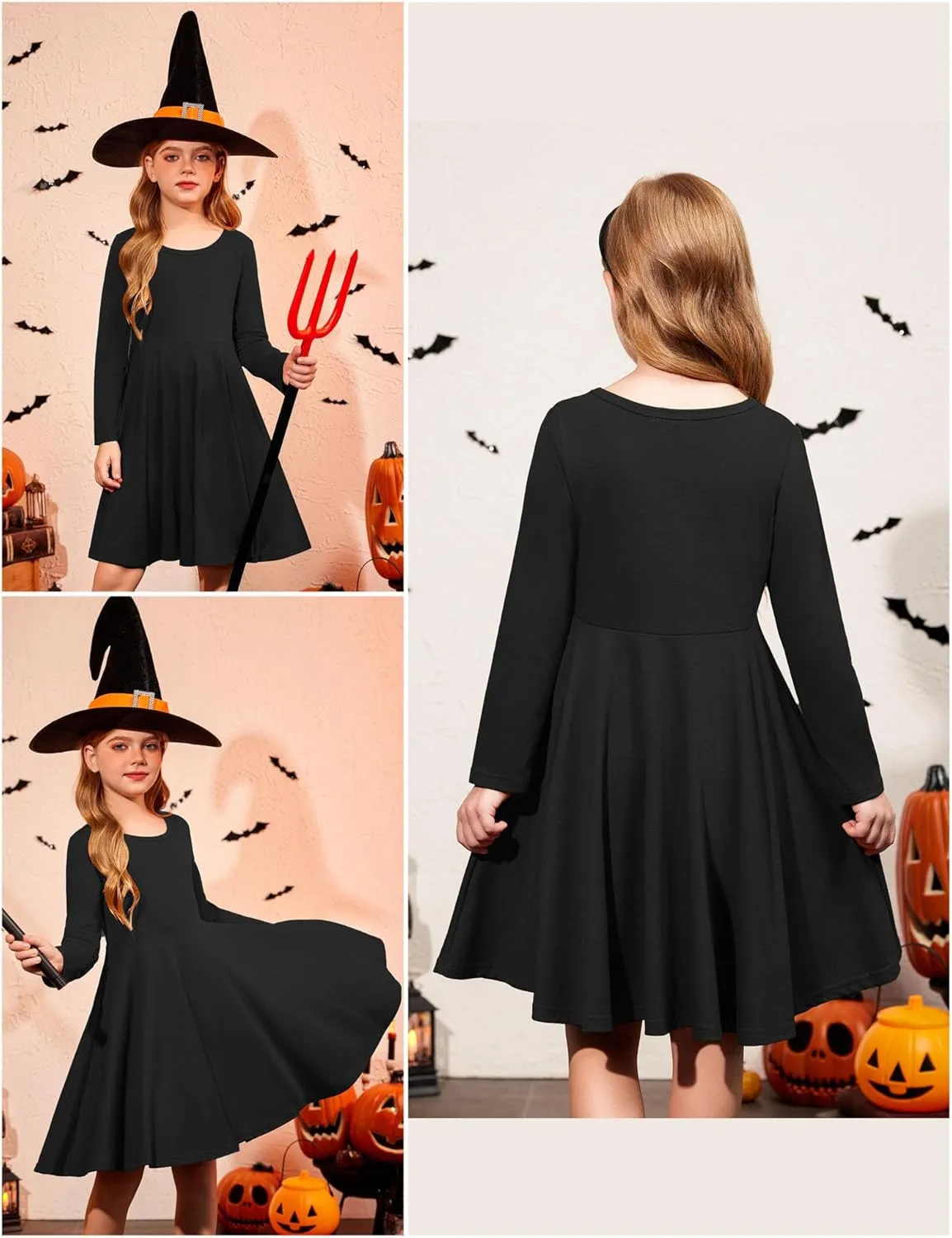 Arshiner Girls Long Sleeve Stretchy Dress A line Twirly Skater School Party Dress