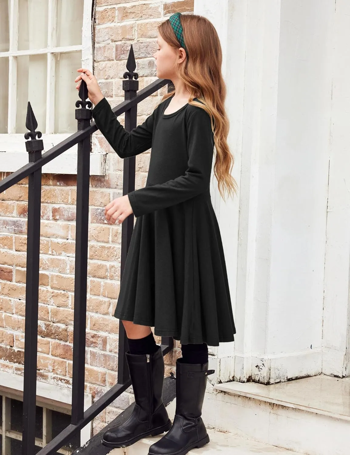 Arshiner Girls Long Sleeve Stretchy Dress A line Twirly Skater School Party Dress