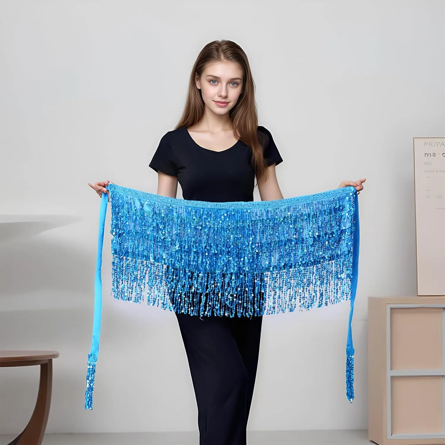 Belly Dance Hip Scarf Sequin Tassel Skirt Wrap Sparkly Rave Costume for Women