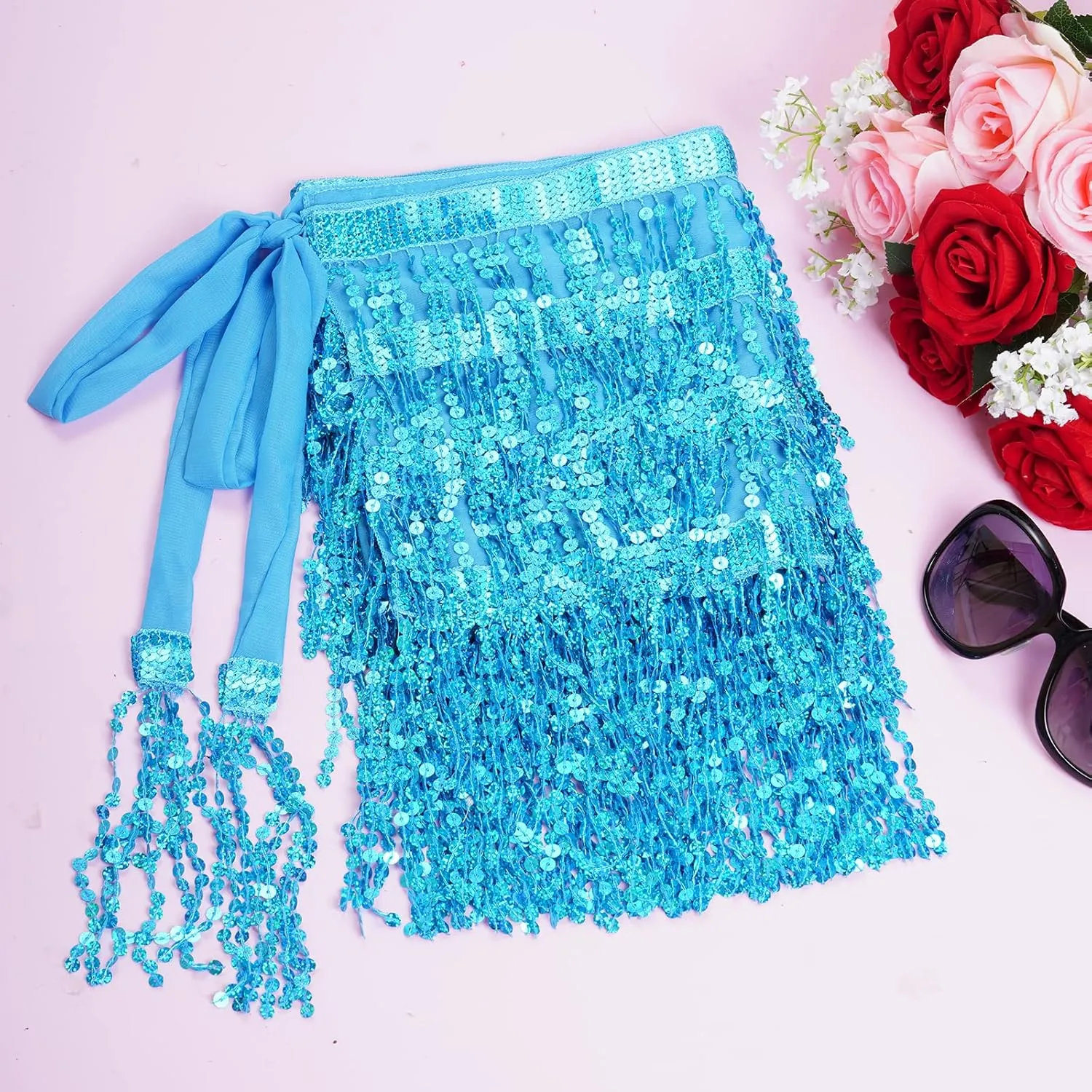 Belly Dance Hip Scarf Sequin Tassel Skirt Wrap Sparkly Rave Costume for Women