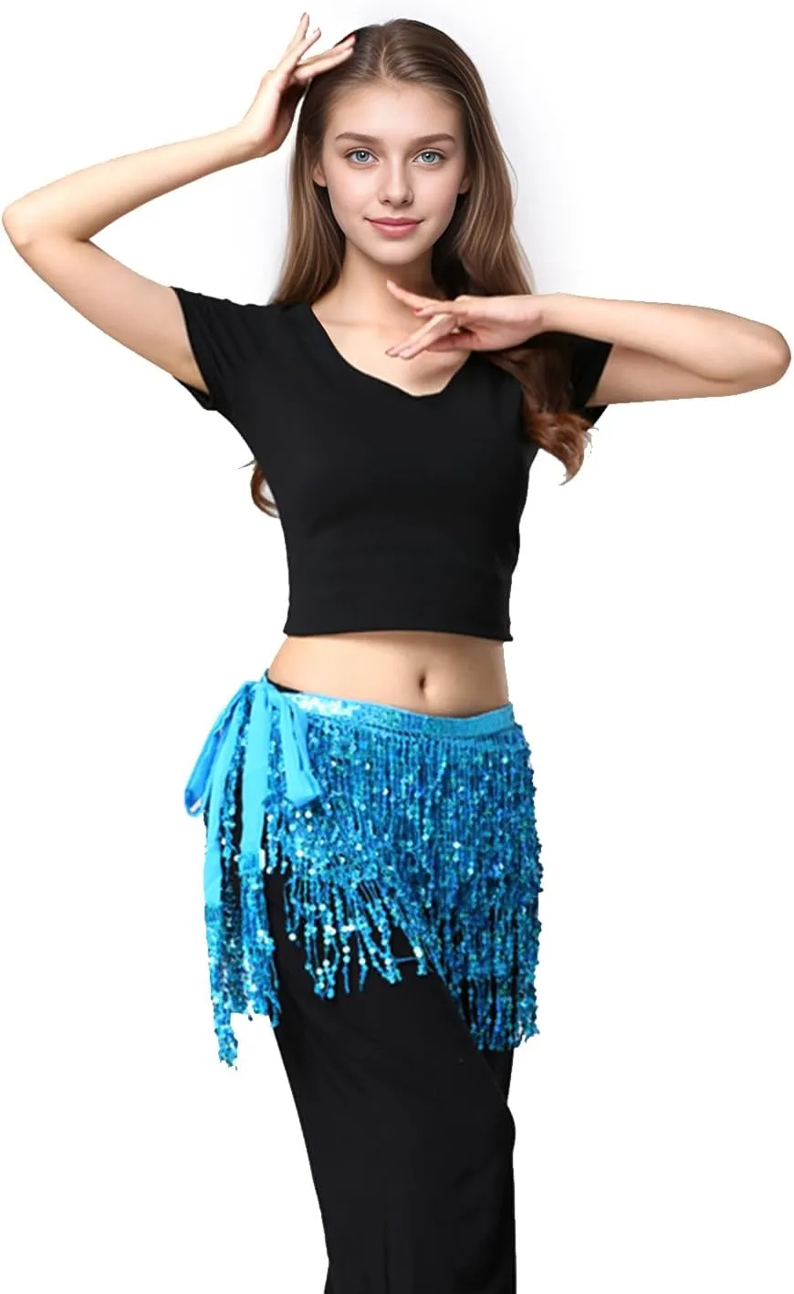 Belly Dance Hip Scarf Sequin Tassel Skirt Wrap Sparkly Rave Costume for Women