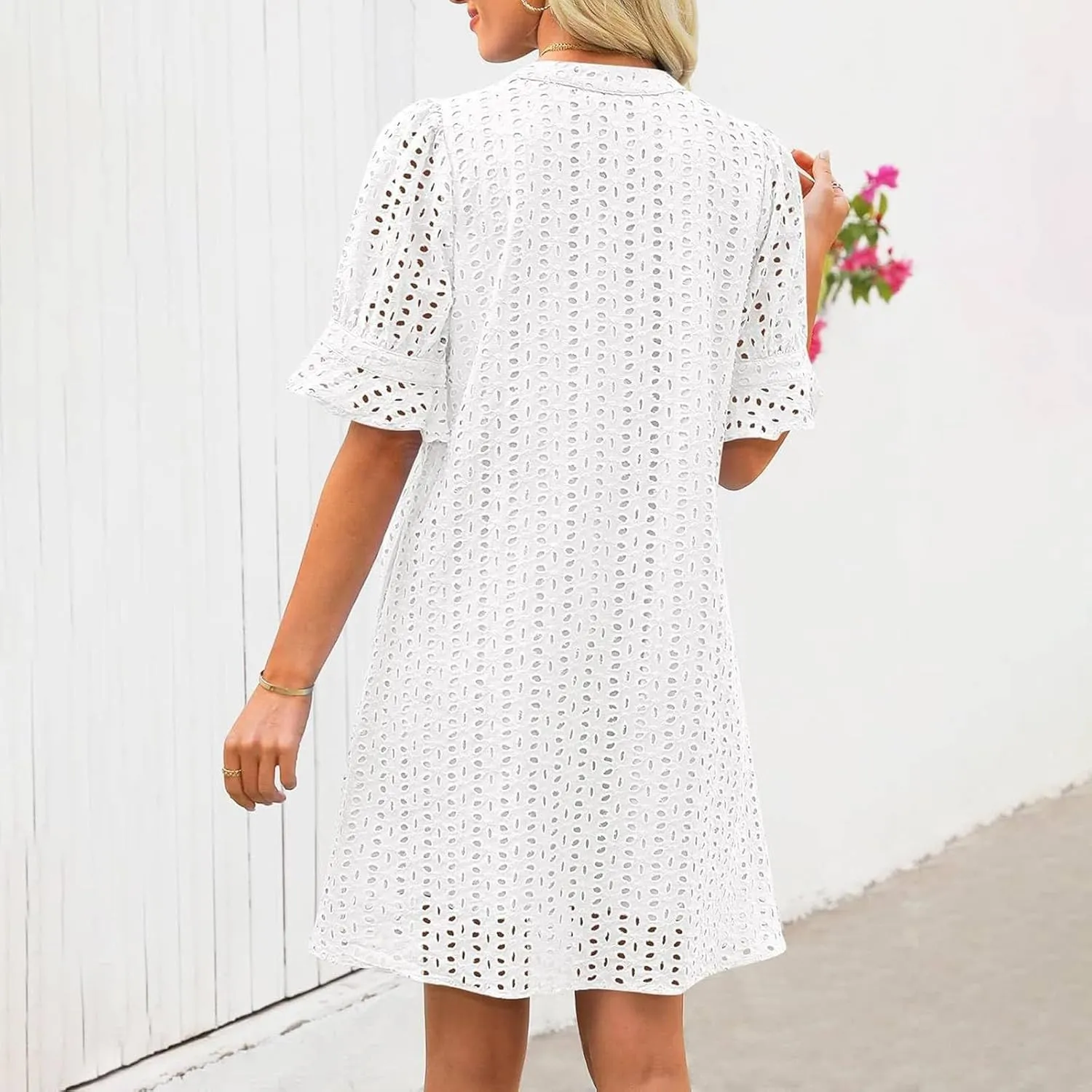 Boho Summer Dresses for Women 2025 Resort V Neck Short Sleeve Hollow Out Lace Ruffle Casual Beach Mini Vacation Dress
