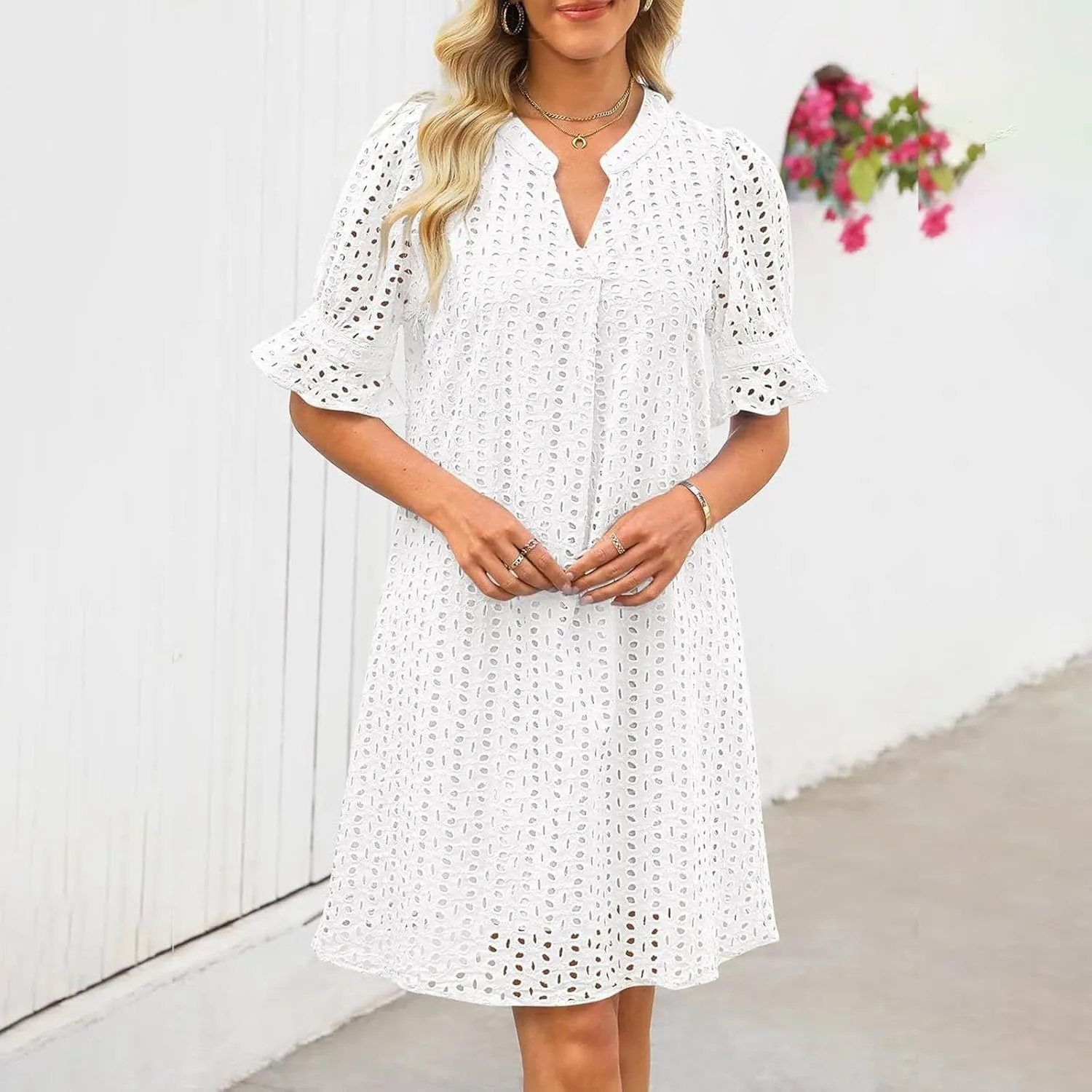 Boho Summer Dresses for Women 2025 Resort V Neck Short Sleeve Hollow Out Lace Ruffle Casual Beach Mini Vacation Dress
