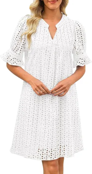 Boho Summer Dresses for Women 2025 Resort V Neck Short Sleeve Hollow Out Lace Ruffle Casual Beach Mini Vacation Dress