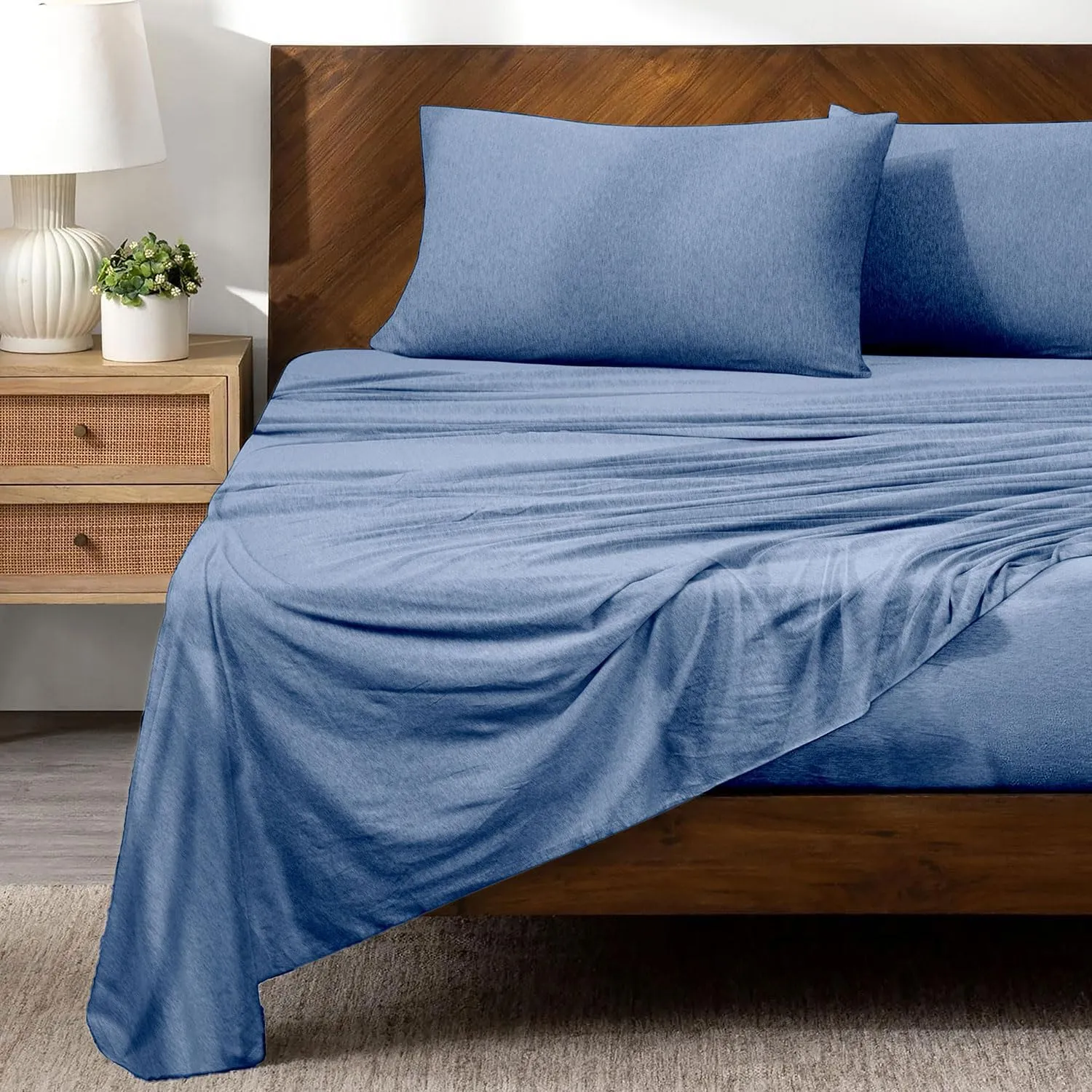 Briarwood Home Heather Knit Jersey Sheet Set  100% Organic Cotton, Deep Pockets, Non-Pilling, Cooling, Breathable, Super Soft & Stretchy T-Shirt Comfort (Aquarius Blue, Queen)