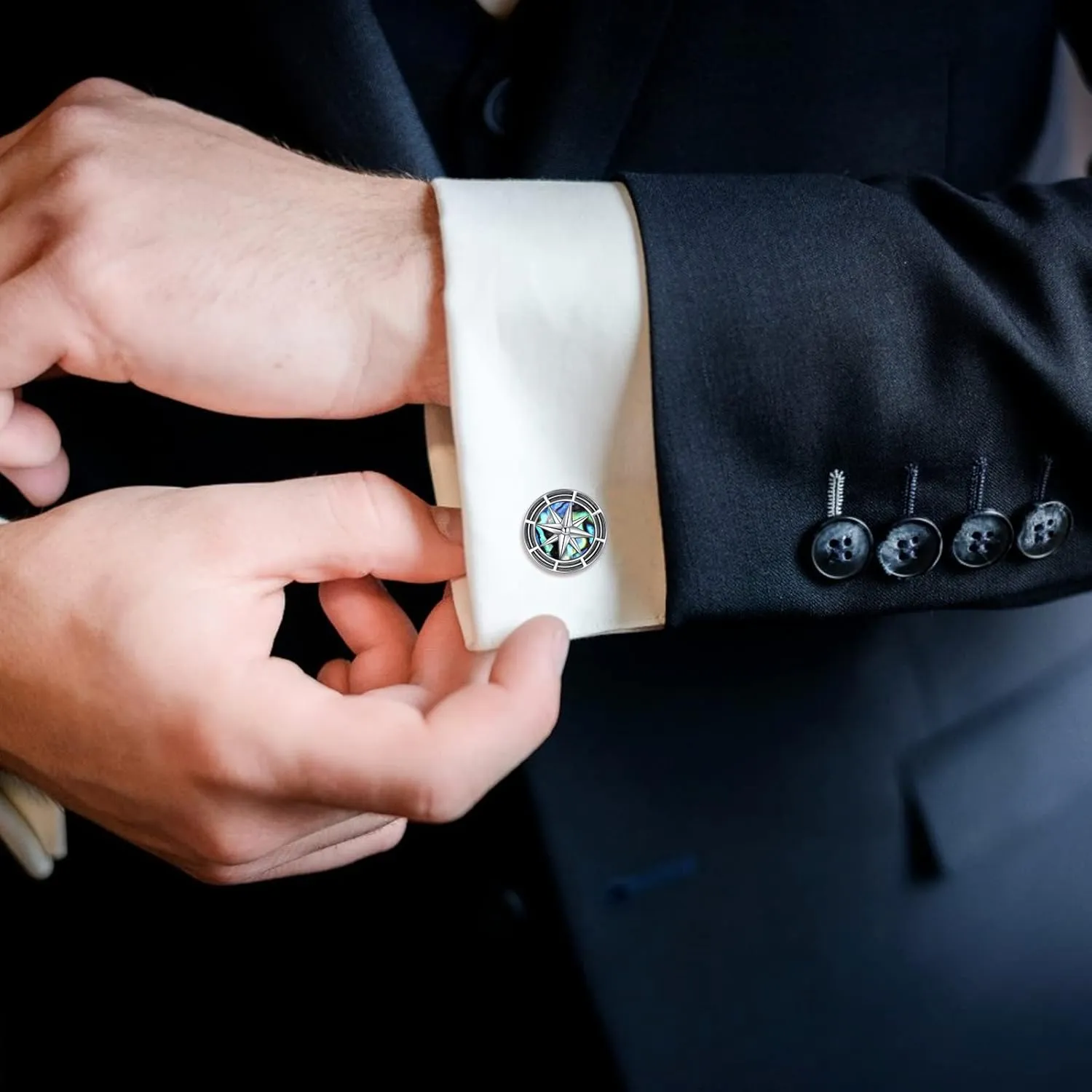 Comapss/Viking/Airplane/Sanit Michael/Firefighter/Masonic/Guitar Cufflink 925 Sterling Silver Abalone/Black Onyx Cufflinks for Men Tuxedo Shirt Executive Groom Father Wedding Present for Men