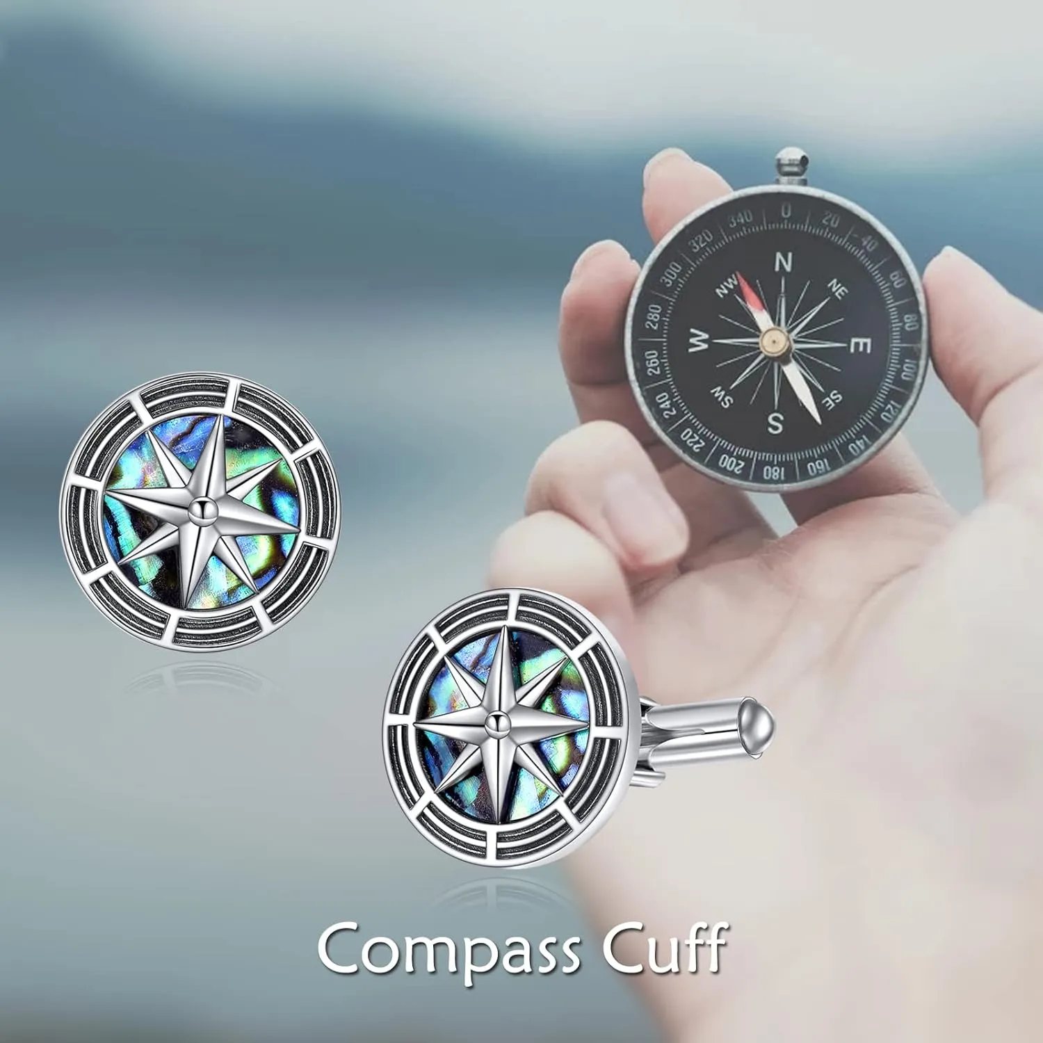 Comapss/Viking/Airplane/Sanit Michael/Firefighter/Masonic/Guitar Cufflink 925 Sterling Silver Abalone/Black Onyx Cufflinks for Men Tuxedo Shirt Executive Groom Father Wedding Present for Men