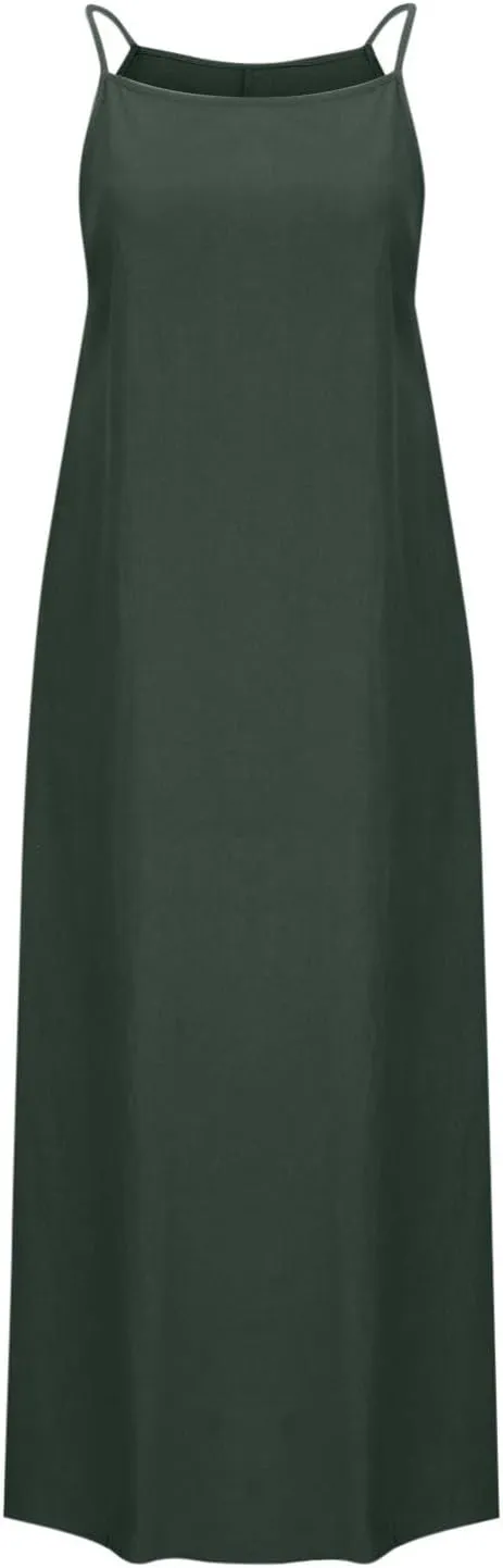 Cotton Linen Sundress for Women Summer Sleeveless Casual Loose Maxi Dress Lightweight Side Slit Cami Dresses