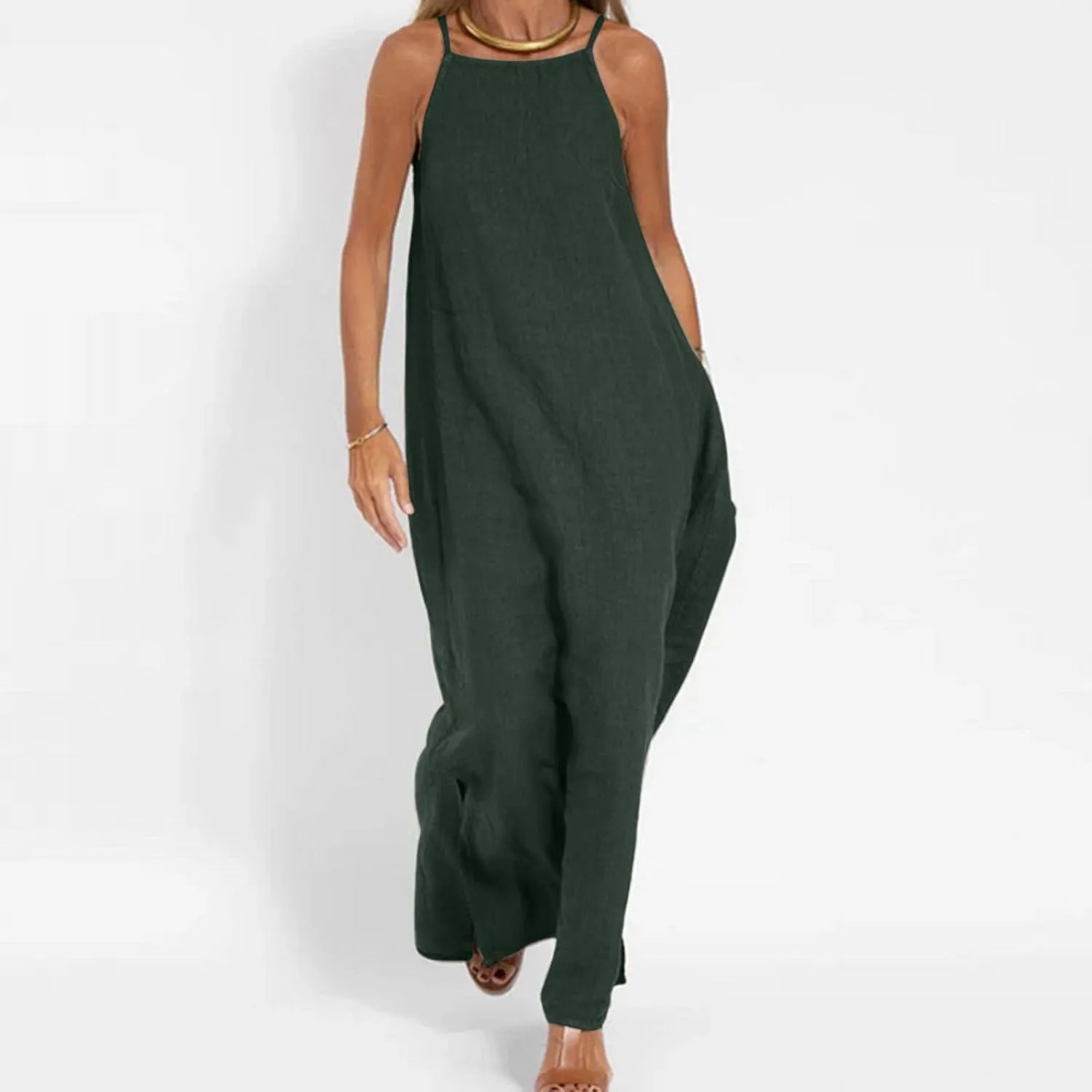 Cotton Linen Sundress for Women Summer Sleeveless Casual Loose Maxi Dress Lightweight Side Slit Cami Dresses