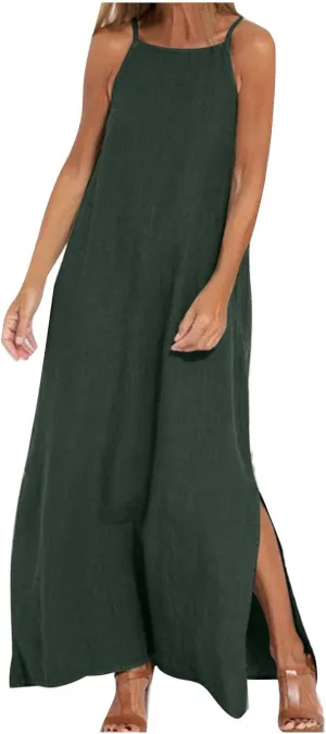 Cotton Linen Sundress for Women Summer Sleeveless Casual Loose Maxi Dress Lightweight Side Slit Cami Dresses