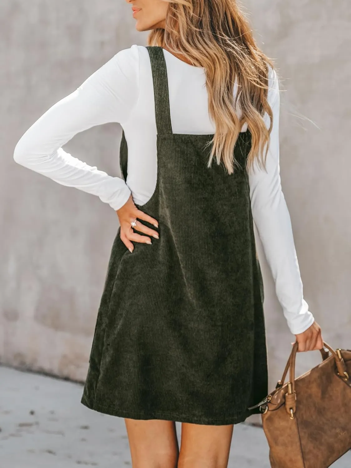 CUPSHE Women Corduroy Summer Dress Front Bib Pocket Square Neck Wide Strap Casual Overall Holiday Vacation Fall Mini Dress
