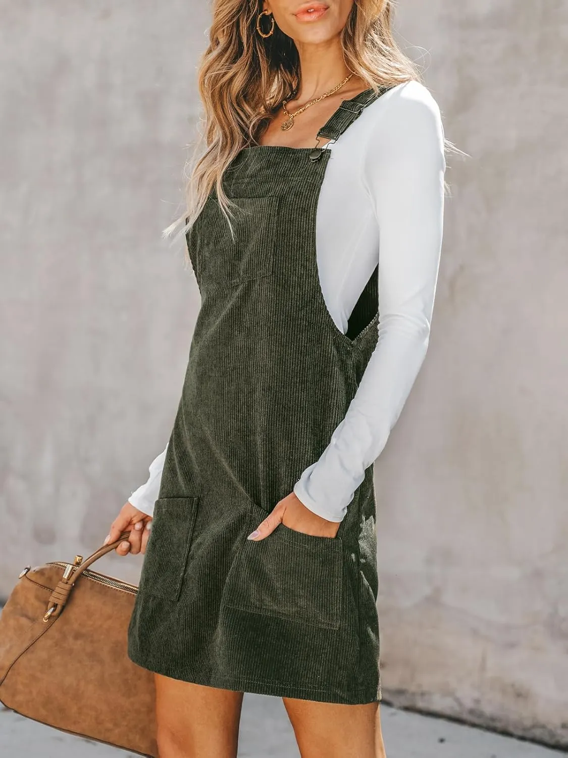 CUPSHE Women Corduroy Summer Dress Front Bib Pocket Square Neck Wide Strap Casual Overall Holiday Vacation Fall Mini Dress