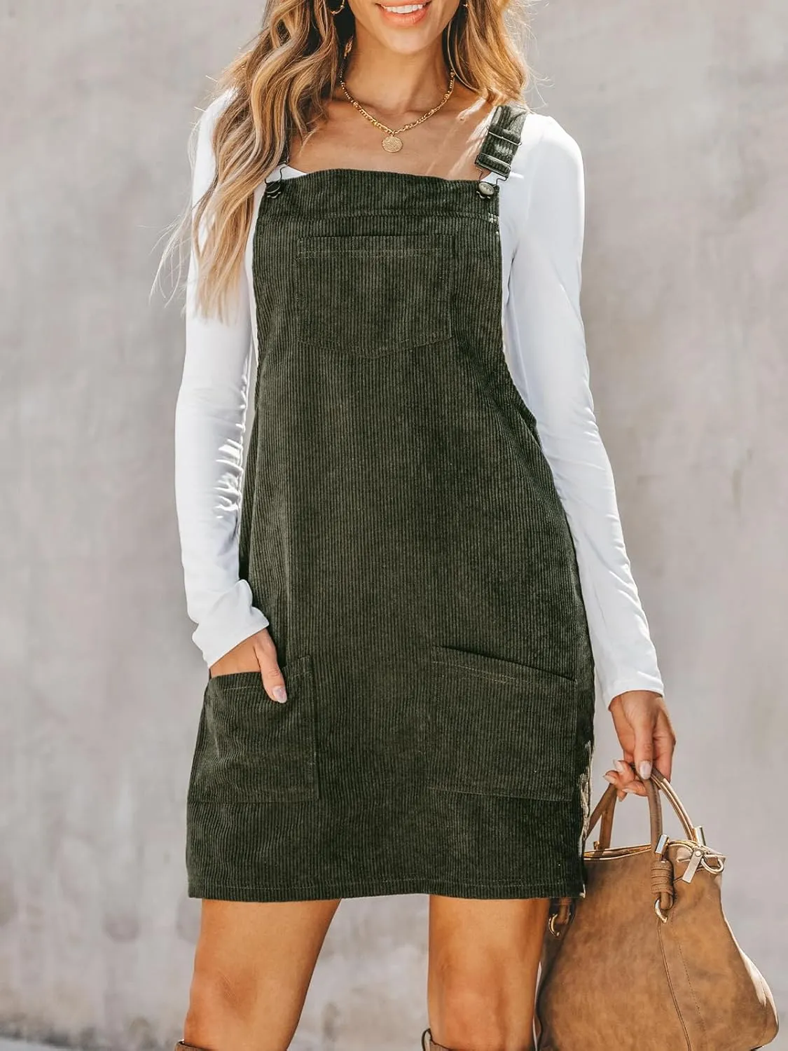 CUPSHE Women Corduroy Summer Dress Front Bib Pocket Square Neck Wide Strap Casual Overall Holiday Vacation Fall Mini Dress