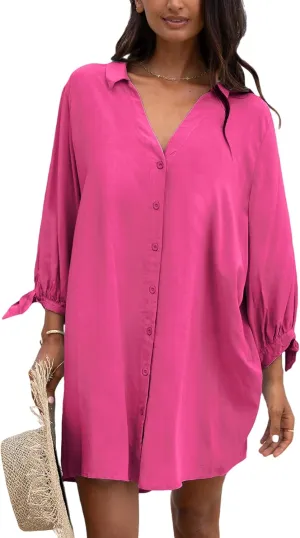 CUPSHE Women Shirt Mini Summer Dress Cover Ups 3/4 Sleeve Cuff Tie Button Down Holiday Sundress Beach Cover Up Dress