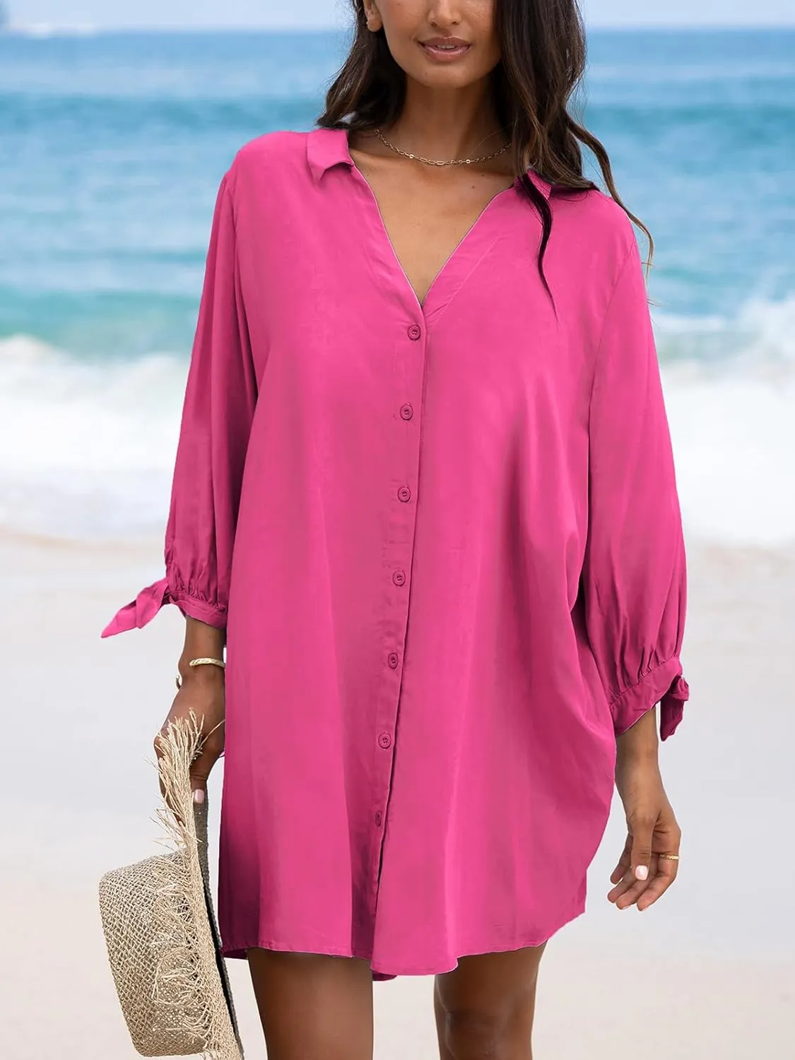 CUPSHE Women Shirt Mini Summer Dress Cover Ups 3/4 Sleeve Cuff Tie Button Down Holiday Sundress Beach Cover Up Dress