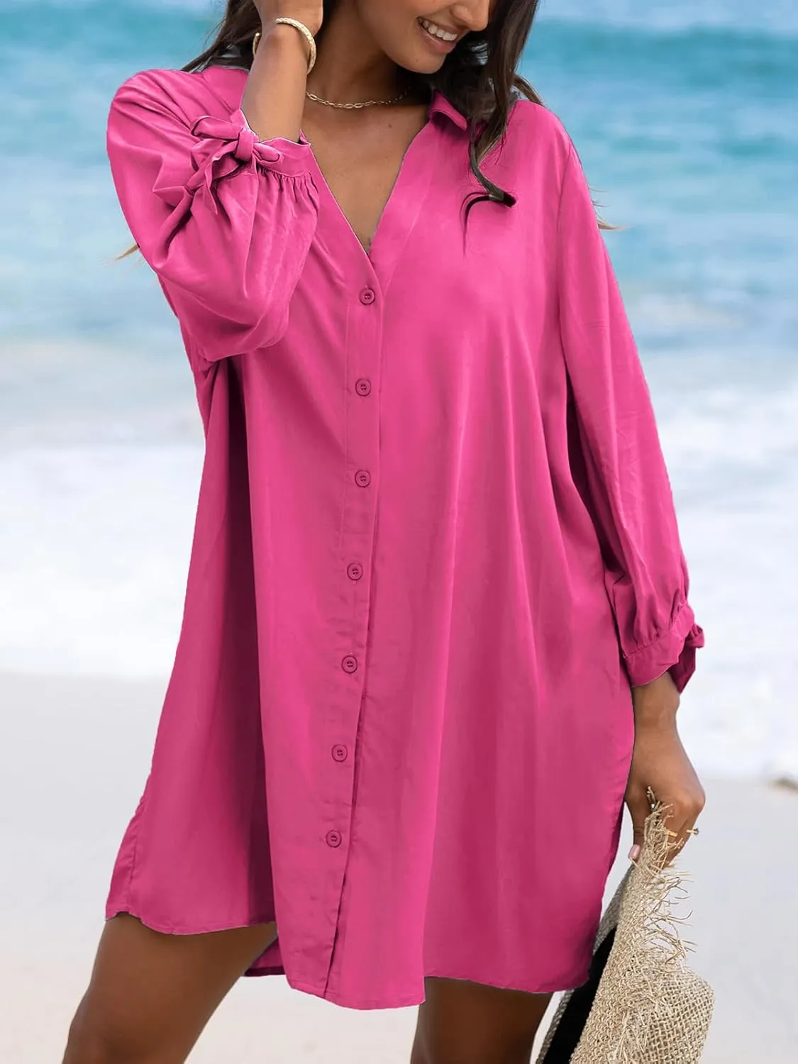 CUPSHE Women Shirt Mini Summer Dress Cover Ups 3/4 Sleeve Cuff Tie Button Down Holiday Sundress Beach Cover Up Dress