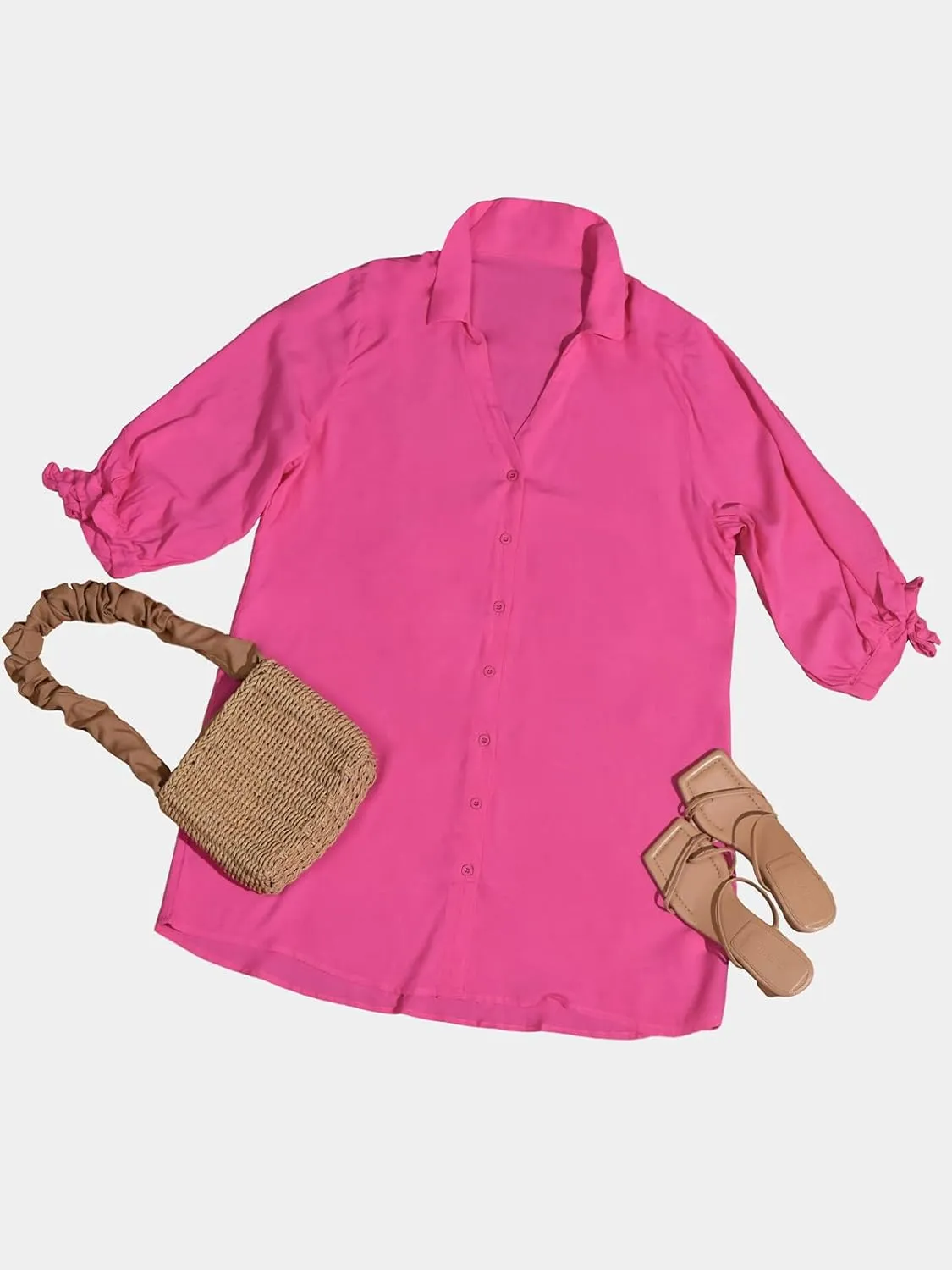 CUPSHE Women Shirt Mini Summer Dress Cover Ups 3/4 Sleeve Cuff Tie Button Down Holiday Sundress Beach Cover Up Dress