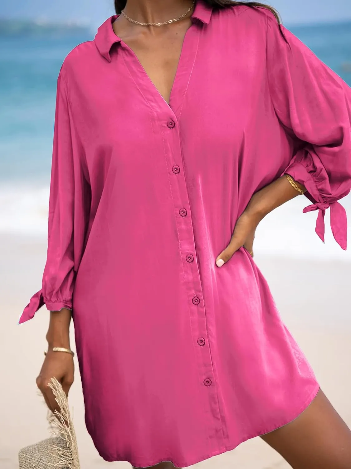 CUPSHE Women Shirt Mini Summer Dress Cover Ups 3/4 Sleeve Cuff Tie Button Down Holiday Sundress Beach Cover Up Dress