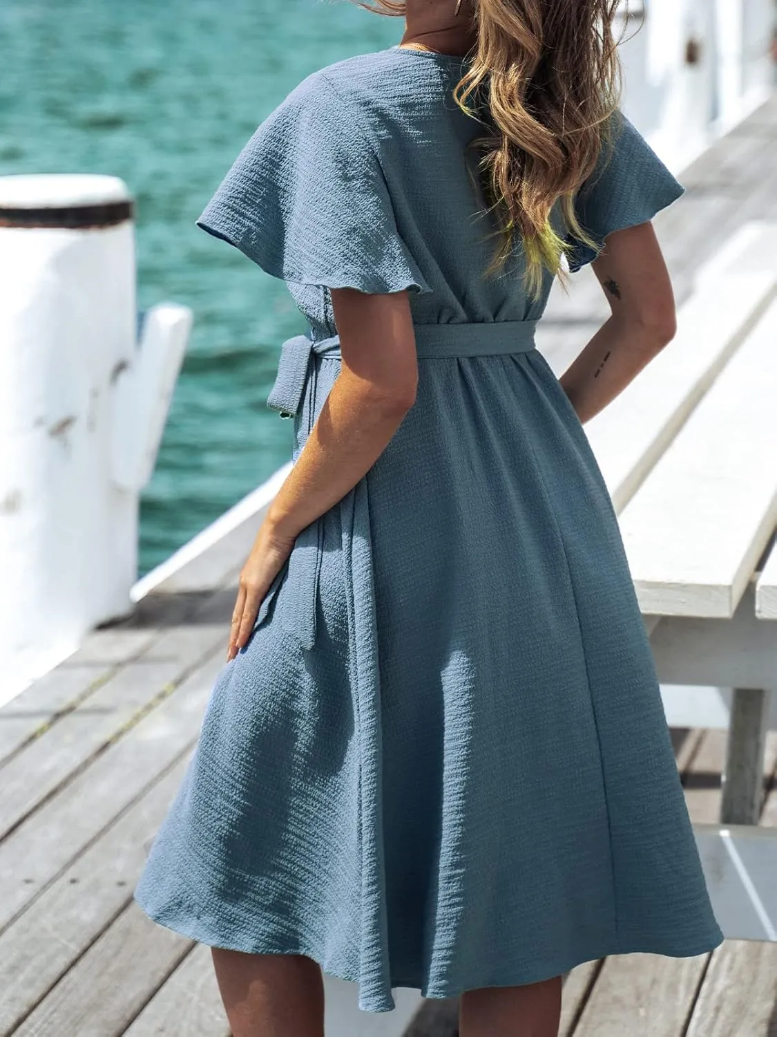 CUPSHE Women's V Neck Belted Flare Sleeve Midi Dress Short Sleeves Wrap A Line Dress