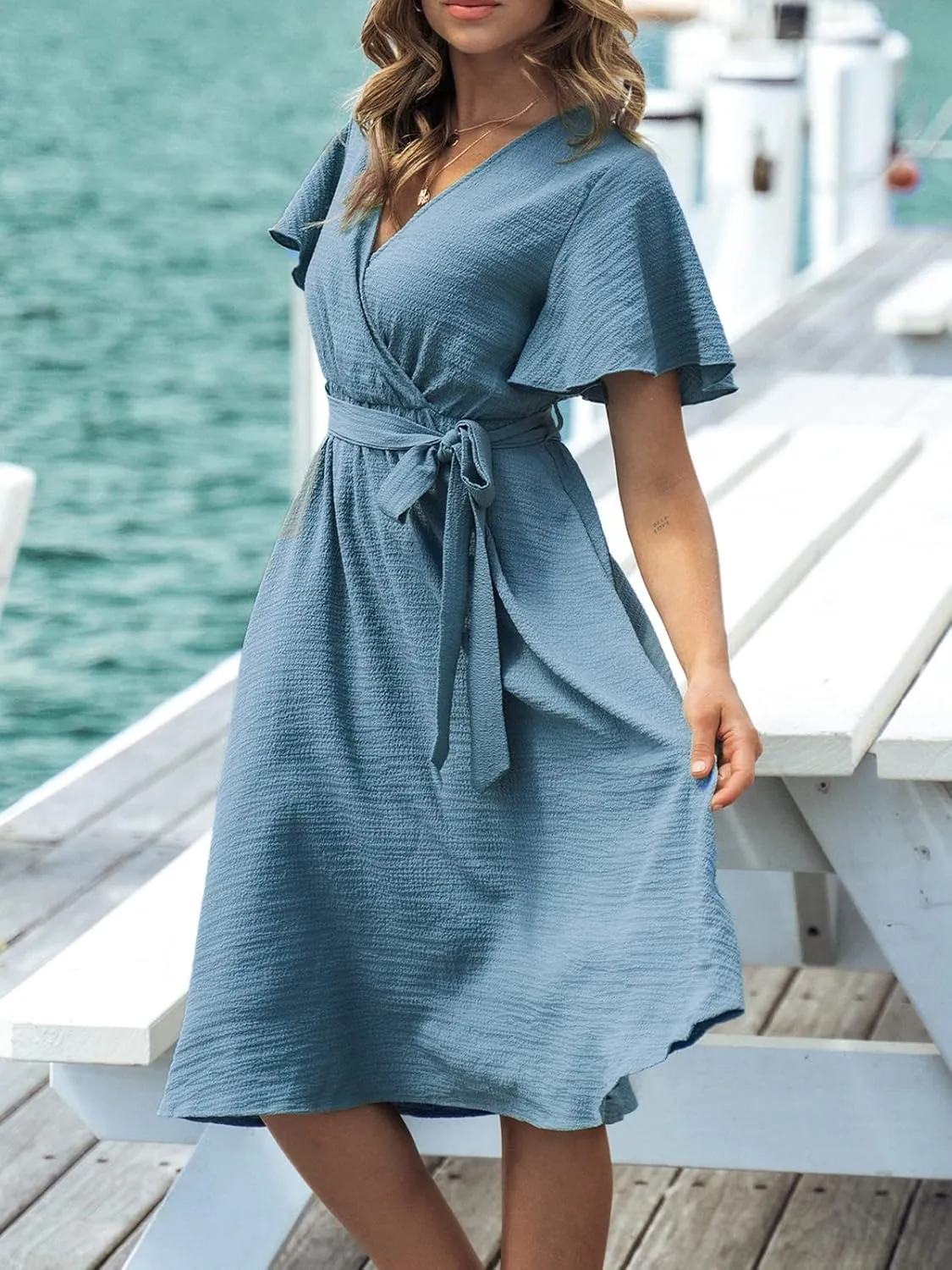 CUPSHE Women's V Neck Belted Flare Sleeve Midi Dress Short Sleeves Wrap A Line Dress