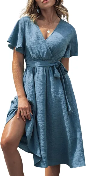 CUPSHE Women's V Neck Belted Flare Sleeve Midi Dress Short Sleeves Wrap A Line Dress