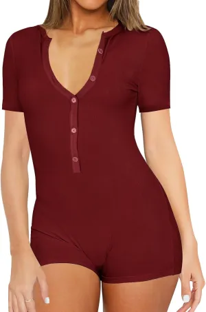 Dressmine Womens Short Sleeve Romper Pajamas V Neck Button Up One Piece Jumpsuits Summer Sexy Unitard