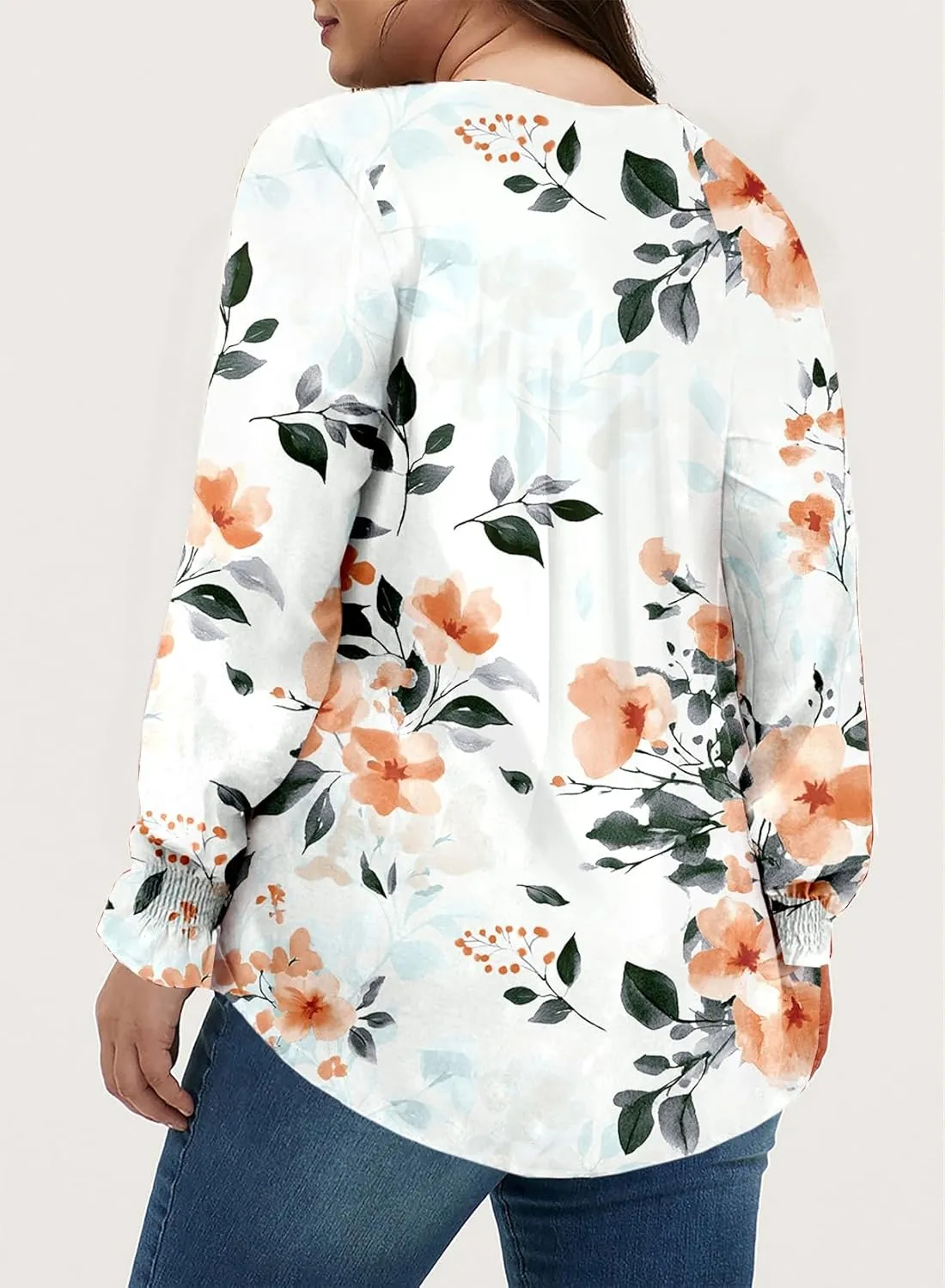 Eytino Plus Size Tops for Women Boho Floral Print V Neck Long Sleeve Drawstring Chiffon Blouses Shirts(1X-5X)