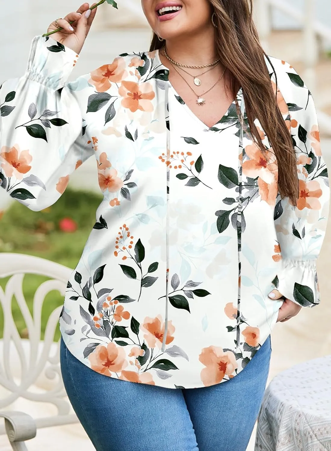 Eytino Plus Size Tops for Women Boho Floral Print V Neck Long Sleeve Drawstring Chiffon Blouses Shirts(1X-5X)