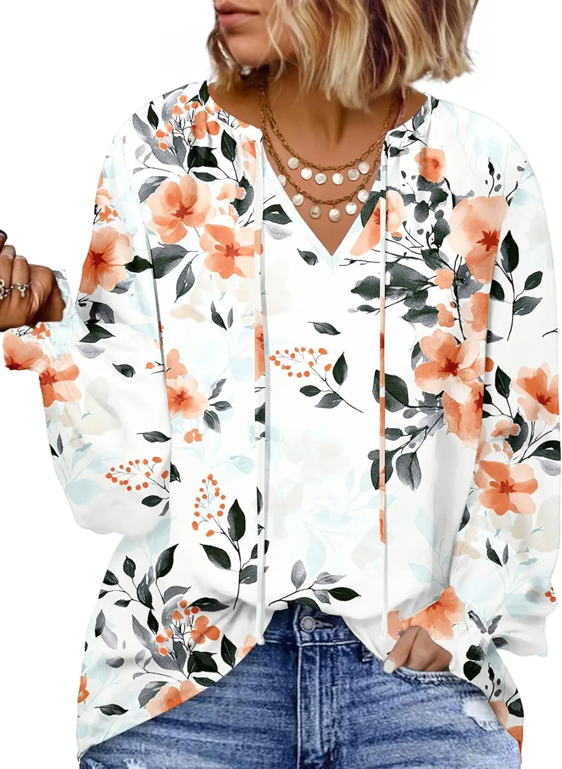 Eytino Plus Size Tops for Women Boho Floral Print V Neck Long Sleeve Drawstring Chiffon Blouses Shirts(1X-5X)
