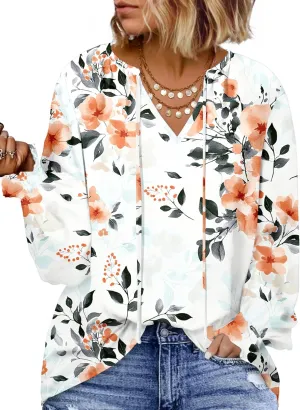 Eytino Plus Size Tops for Women Boho Floral Print V Neck Long Sleeve Drawstring Chiffon Blouses Shirts(1X-5X)