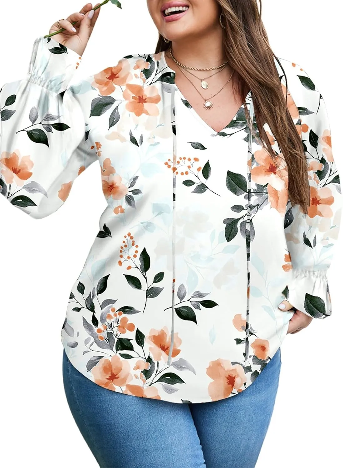 Eytino Plus Size Tops for Women Boho Floral Print V Neck Long Sleeve Drawstring Chiffon Blouses Shirts(1X-5X)