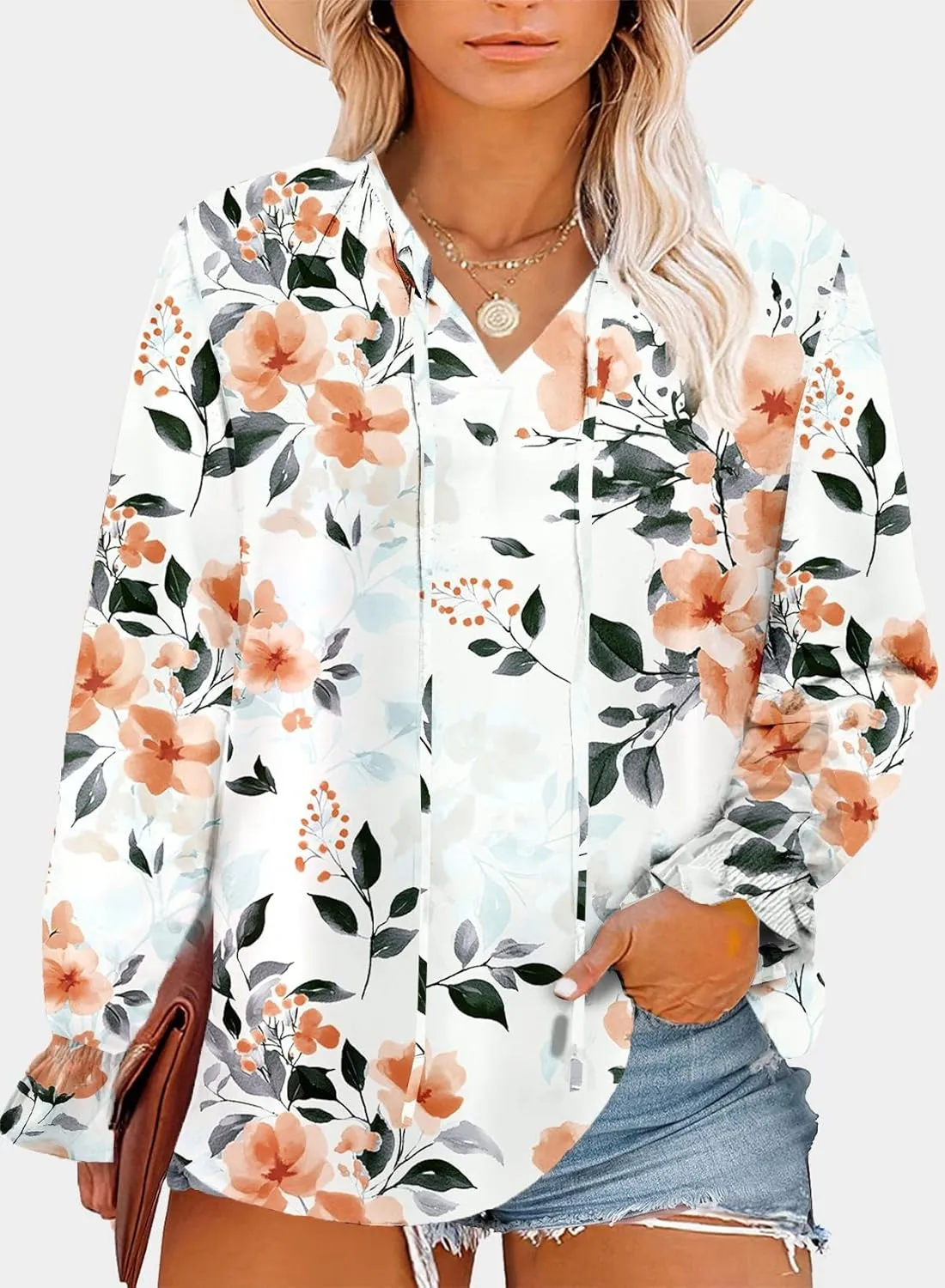 Eytino Plus Size Tops for Women Boho Floral Print V Neck Long Sleeve Drawstring Chiffon Blouses Shirts(1X-5X)