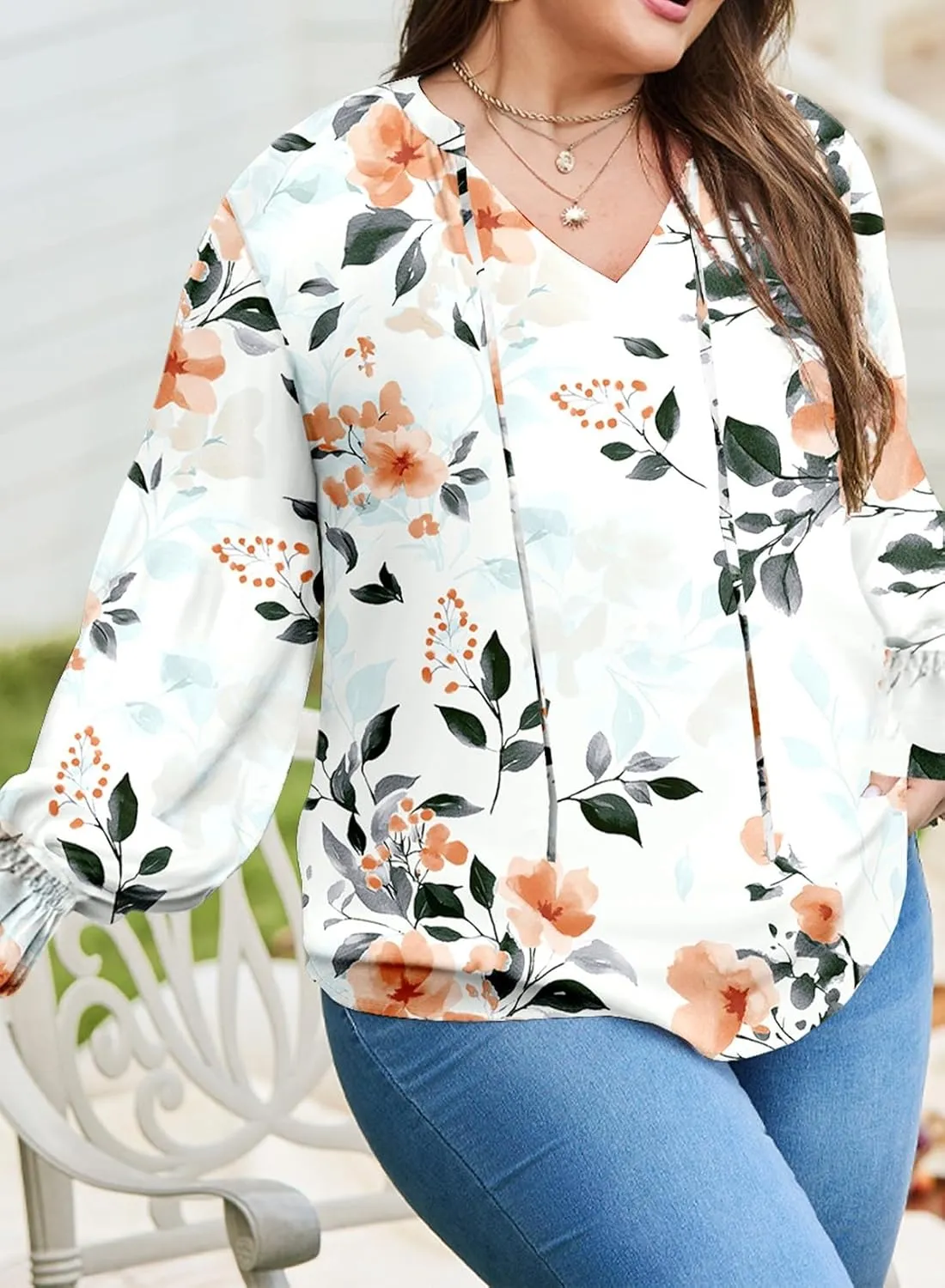 Eytino Plus Size Tops for Women Boho Floral Print V Neck Long Sleeve Drawstring Chiffon Blouses Shirts(1X-5X)