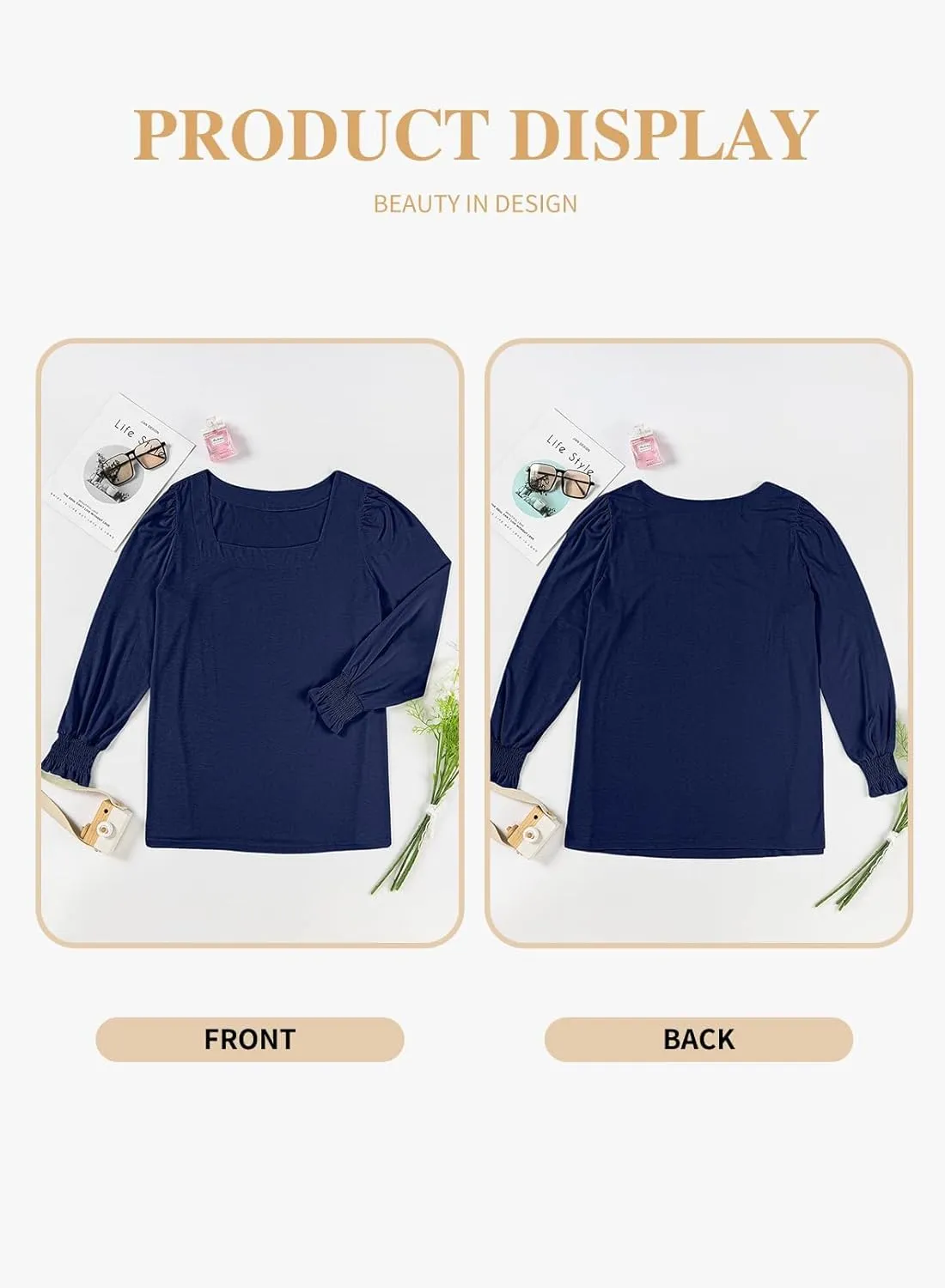 Eytino Plus Size Tops for Women Square Neck Puff Sleeve Summer Casual Loose Blouse Shirts(1X-5X)