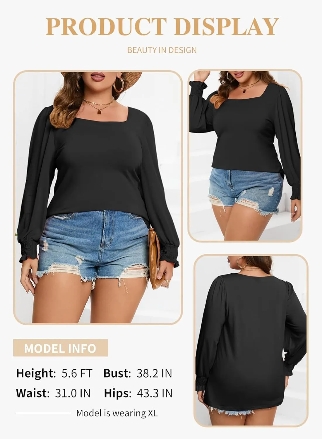 Eytino Plus Size Tops for Women Square Neck Puff Sleeve Summer Casual Loose Blouse Shirts(1X-5X)