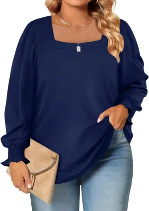 Eytino Plus Size Tops for Women Square Neck Puff Sleeve Summer Casual Loose Blouse Shirts(1X-5X)