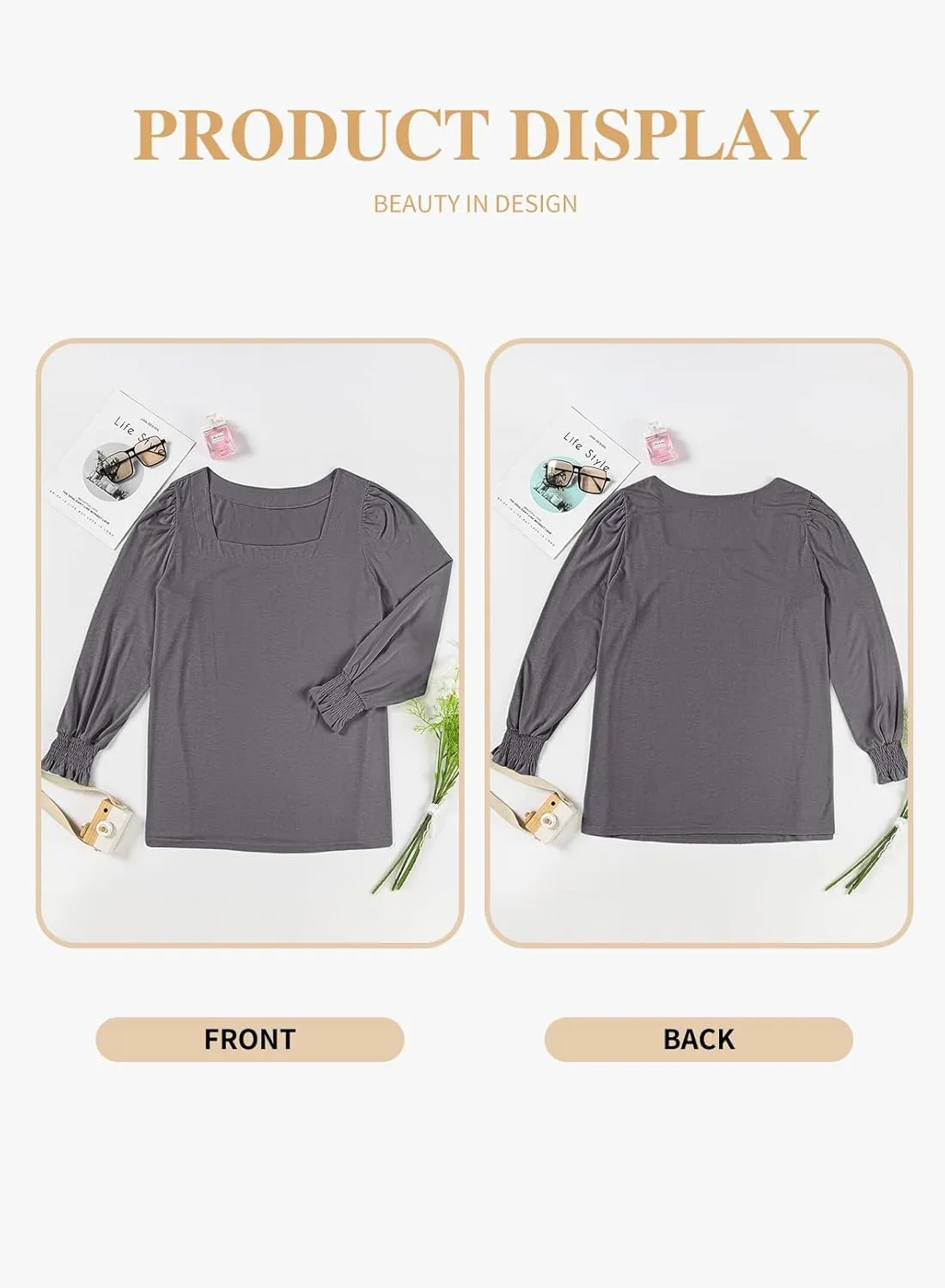 Eytino Plus Size Tops for Women Square Neck Puff Sleeve Summer Casual Loose Blouse Shirts(1X-5X)