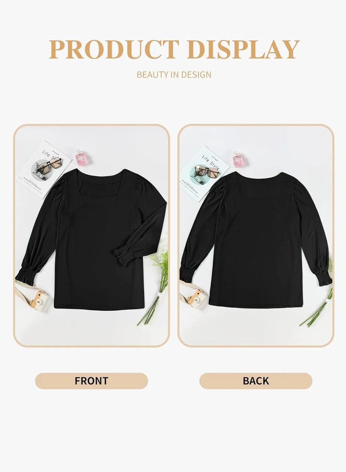 Eytino Plus Size Tops for Women Square Neck Puff Sleeve Summer Casual Loose Blouse Shirts(1X-5X)
