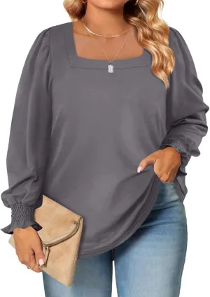 Eytino Plus Size Tops for Women Square Neck Puff Sleeve Summer Casual Loose Blouse Shirts(1X-5X)