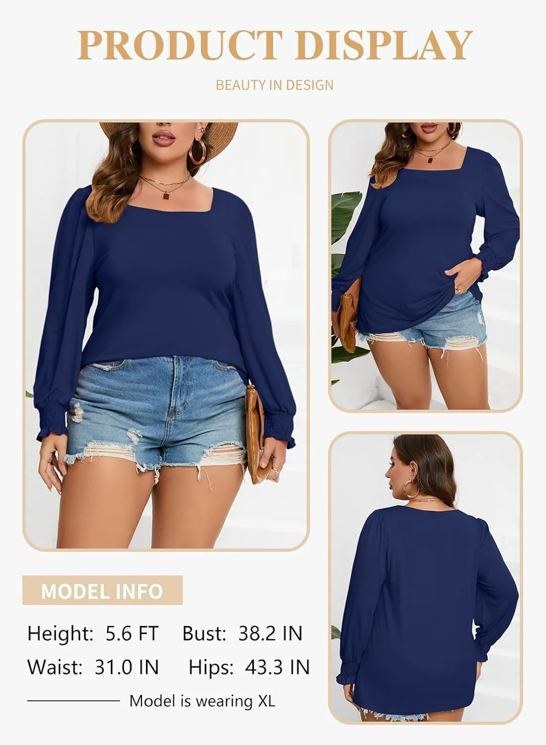 Eytino Plus Size Tops for Women Square Neck Puff Sleeve Summer Casual Loose Blouse Shirts(1X-5X)