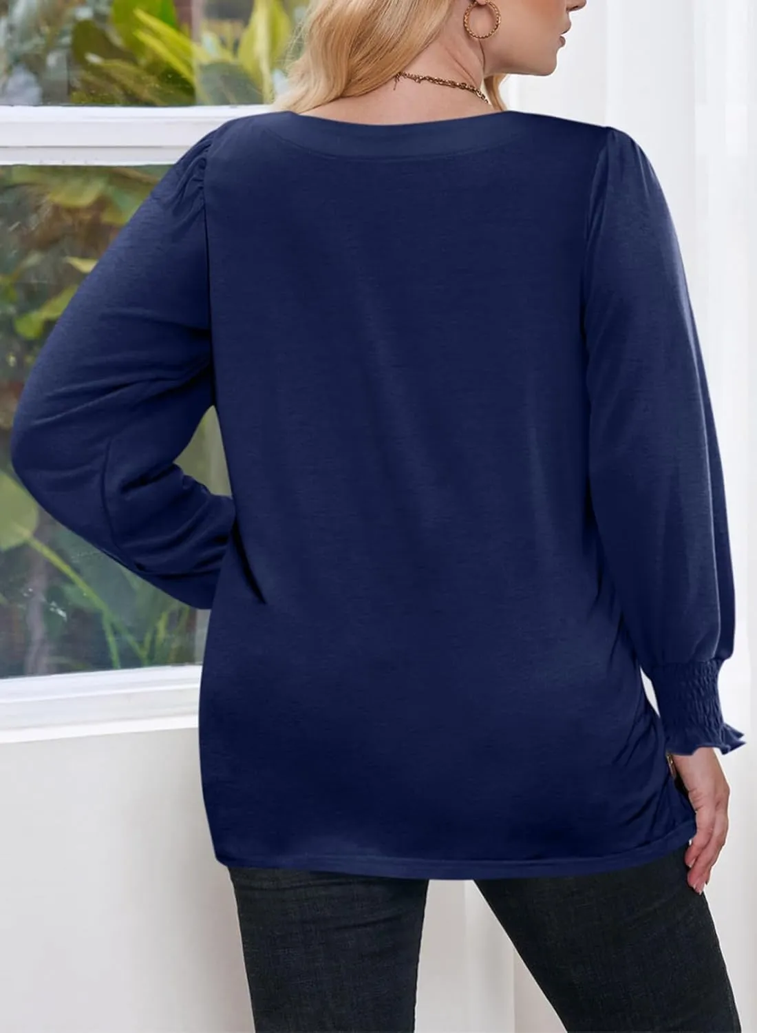 Eytino Plus Size Tops for Women Square Neck Puff Sleeve Summer Casual Loose Blouse Shirts(1X-5X)