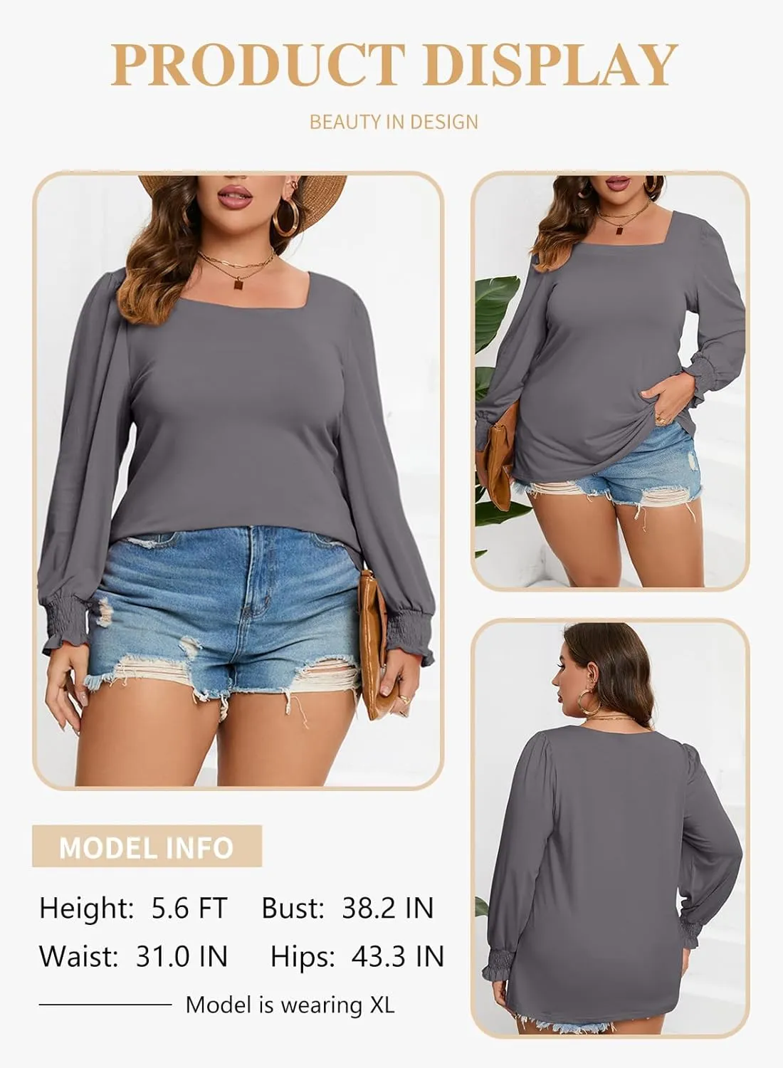 Eytino Plus Size Tops for Women Square Neck Puff Sleeve Summer Casual Loose Blouse Shirts(1X-5X)