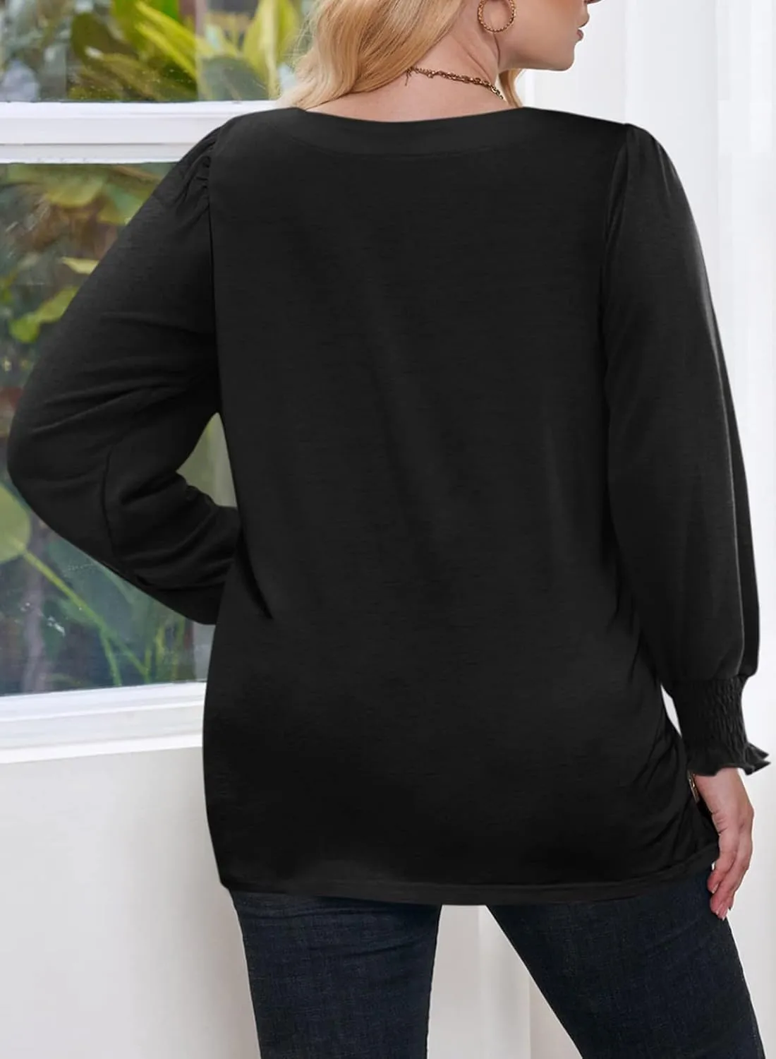 Eytino Plus Size Tops for Women Square Neck Puff Sleeve Summer Casual Loose Blouse Shirts(1X-5X)