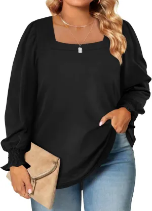 Eytino Plus Size Tops for Women Square Neck Puff Sleeve Summer Casual Loose Blouse Shirts(1X-5X)
