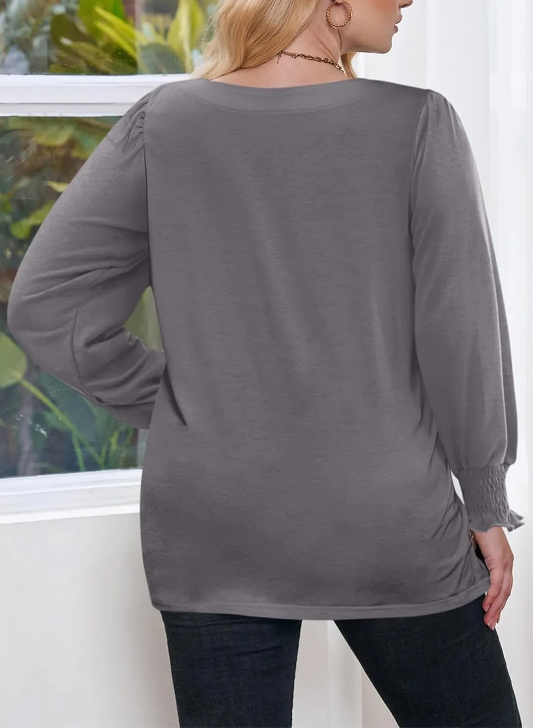 Eytino Plus Size Tops for Women Square Neck Puff Sleeve Summer Casual Loose Blouse Shirts(1X-5X)