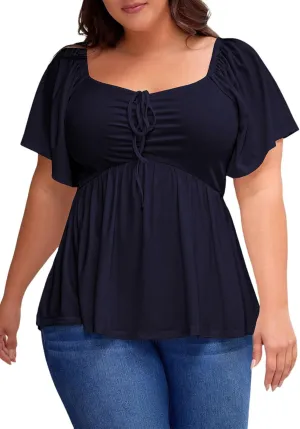 Eytino Women Plus Size Sweetheart Neck Short Sleeve Shirred Peplum Blouse Tops Shirts(1X-5X)
