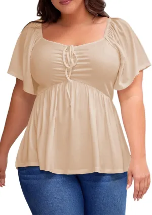 Eytino Women Plus Size Sweetheart Neck Short Sleeve Shirred Peplum Blouse Tops Shirts(1X-5X)